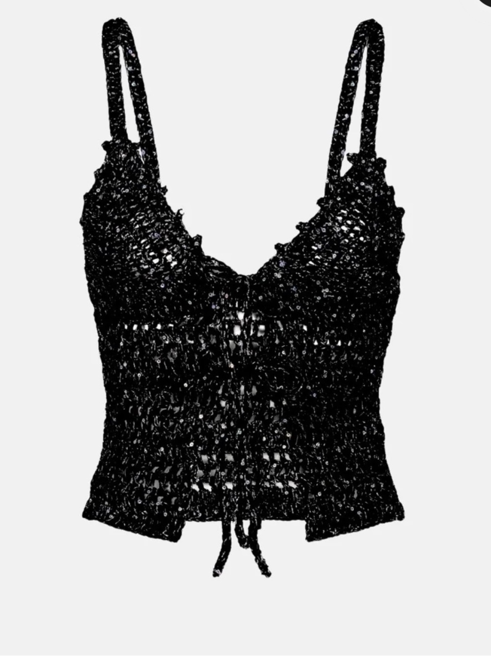 APPLE PIE CROCHET HALTER TOP - HAND-CRAFTED NOIR WITH SHIMMERING SEQUINS